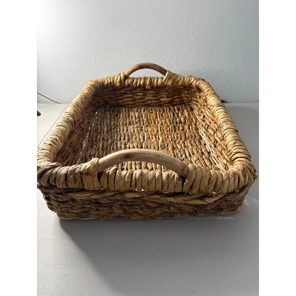Natural‎ Woven Seagrass Tray Rectangular Basket with Wood Handles Brown 17x13